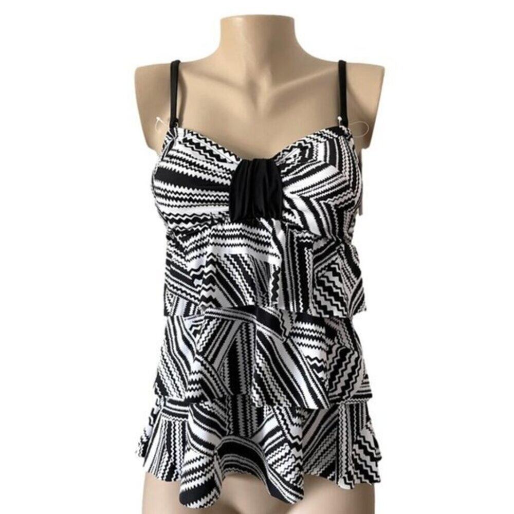 Black and White Stripe Ruffle Tankini Top Size Small